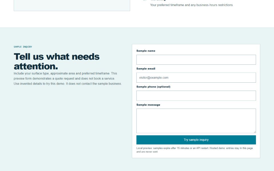 Actual fictional demo contact page showing a straightforward inquiry form