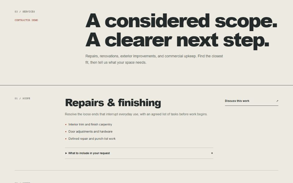 Actual contractor demo service page illustrating clear website content.